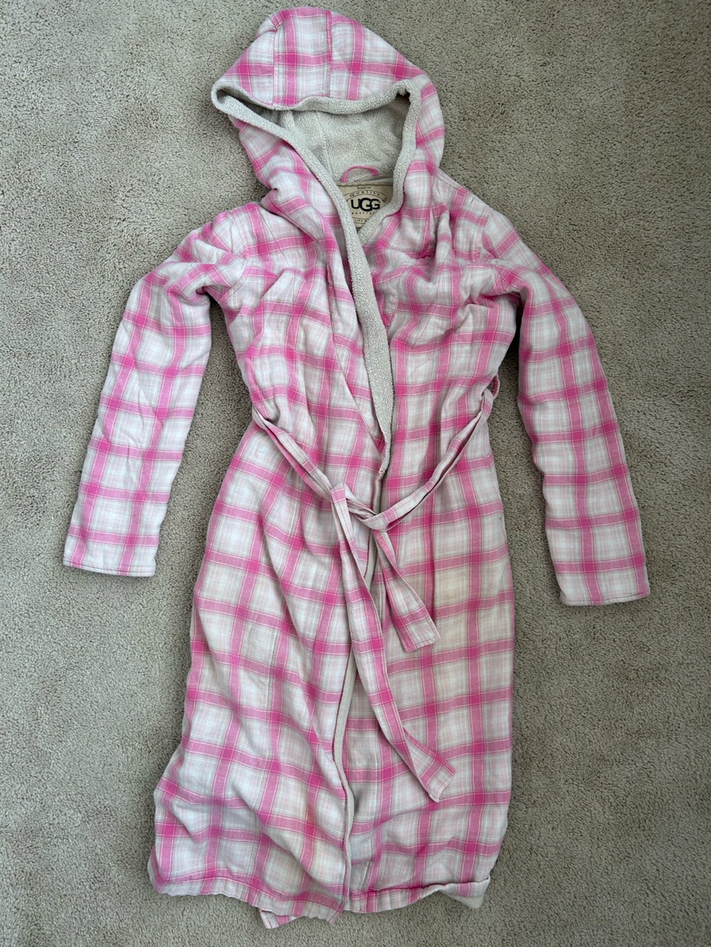 UGG Pink and Cream Plaid Hooded Robe, M